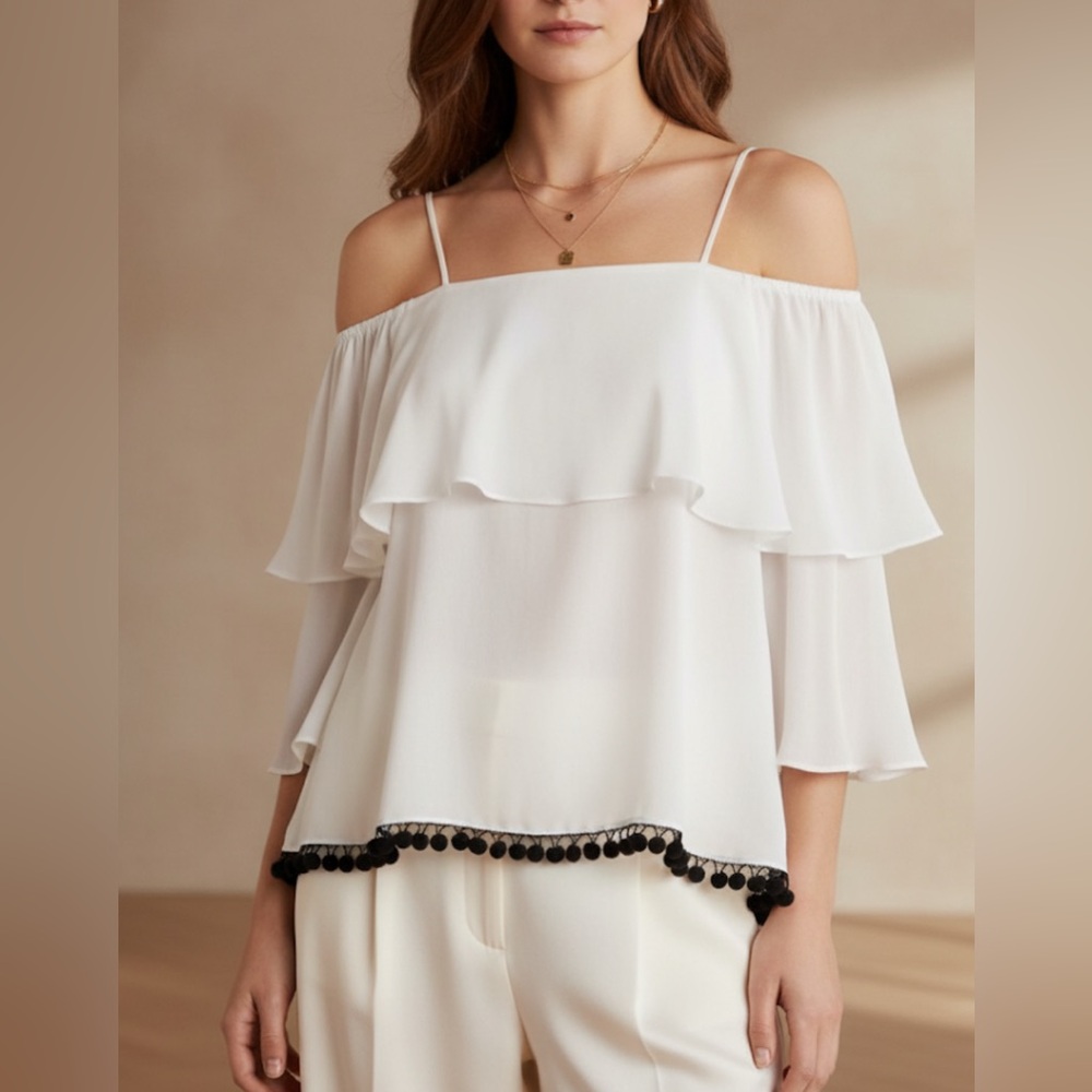 ALICE + OLIVIA $190 Meagan Off-the-Shoulder Pompom-Trim Top. Size S